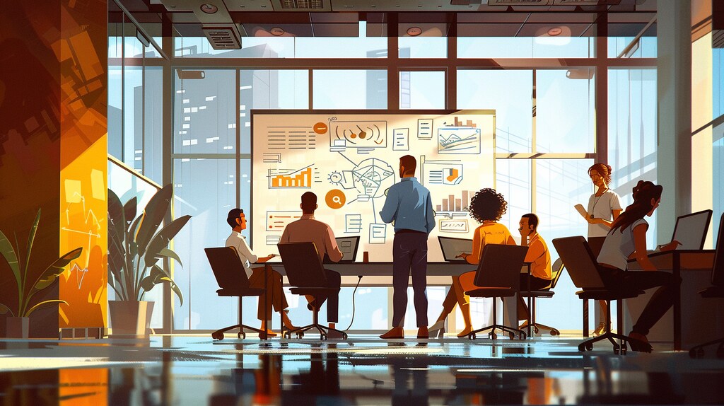 A diverse team brainstorming in a modern office with floor-to-ceiling windows, laptops open to data dashboards